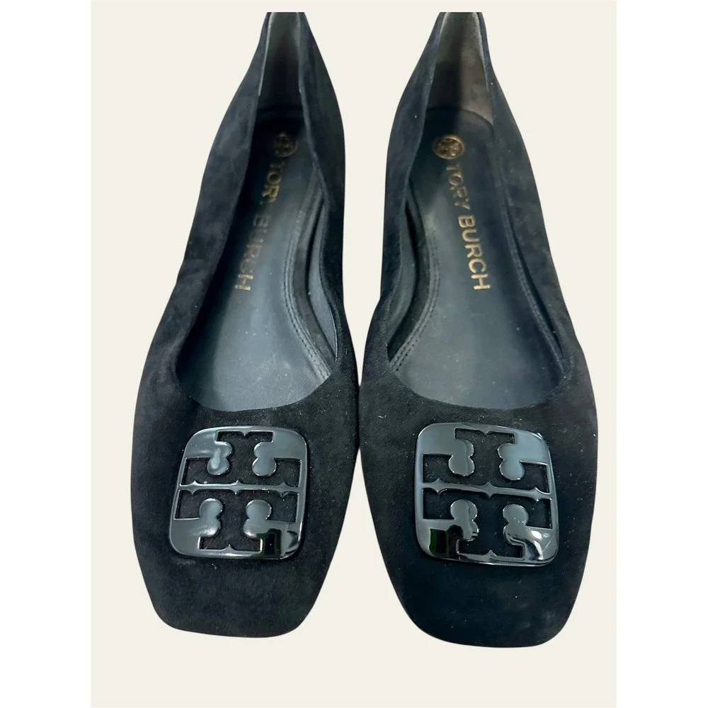 Tory Burch Suede Square Toe Flats Women 9M Black Good Patent Logo‎ Ballet Shoes